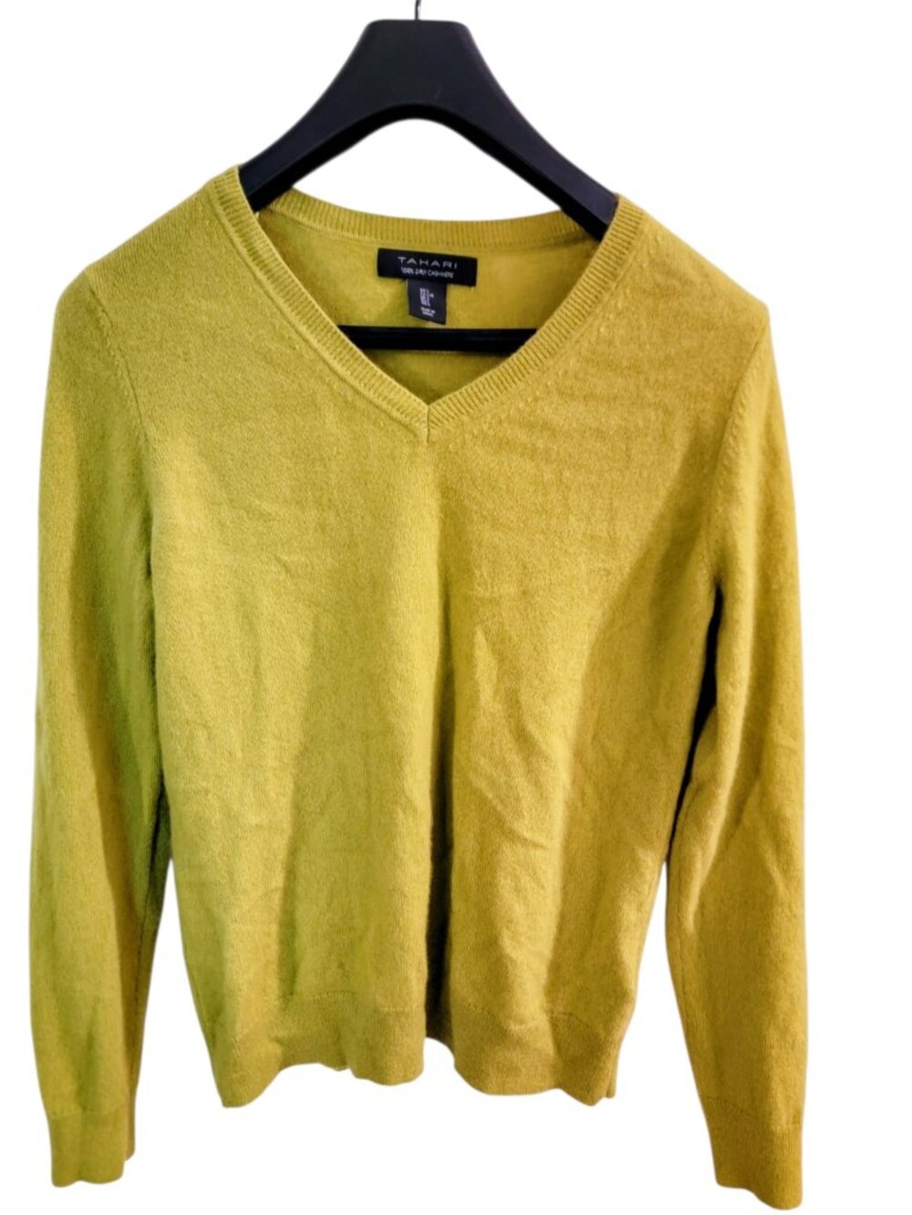 Tahari 100% 2-Ply Cashmere V-Neck Sweater Large Chartreuse EUC